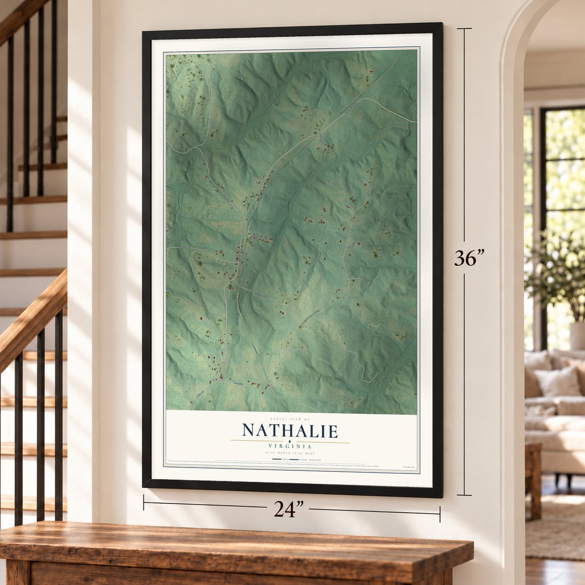 Nathalie, Virginia map, 24 x 36 inch print in a black frame by a staircase