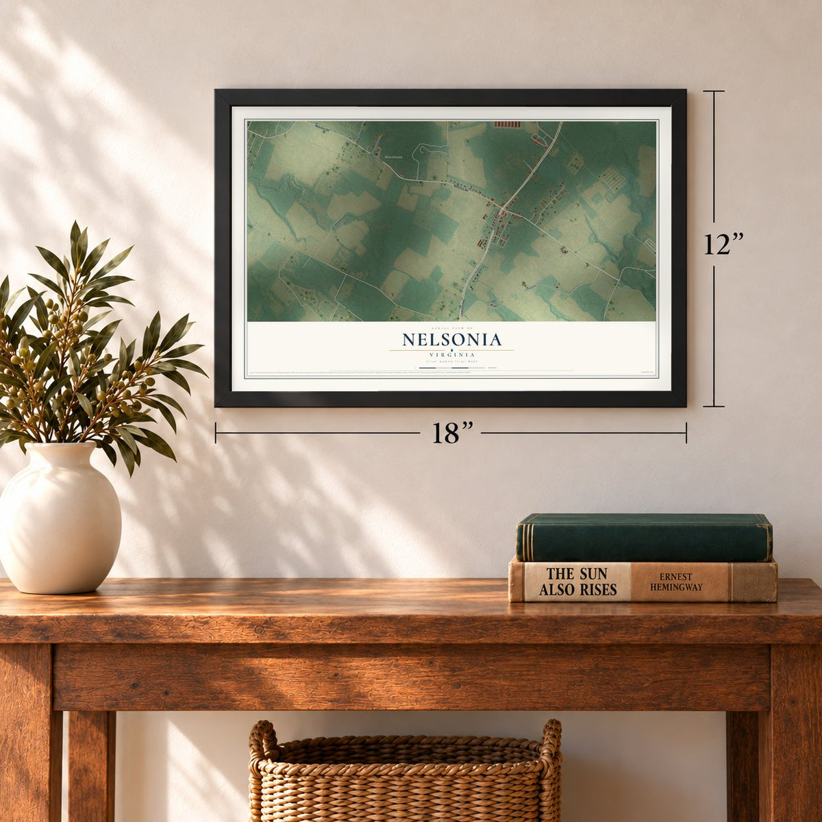 Nelsonia, Virginia map, 12 x 18 inch print in a black frame in an entryway