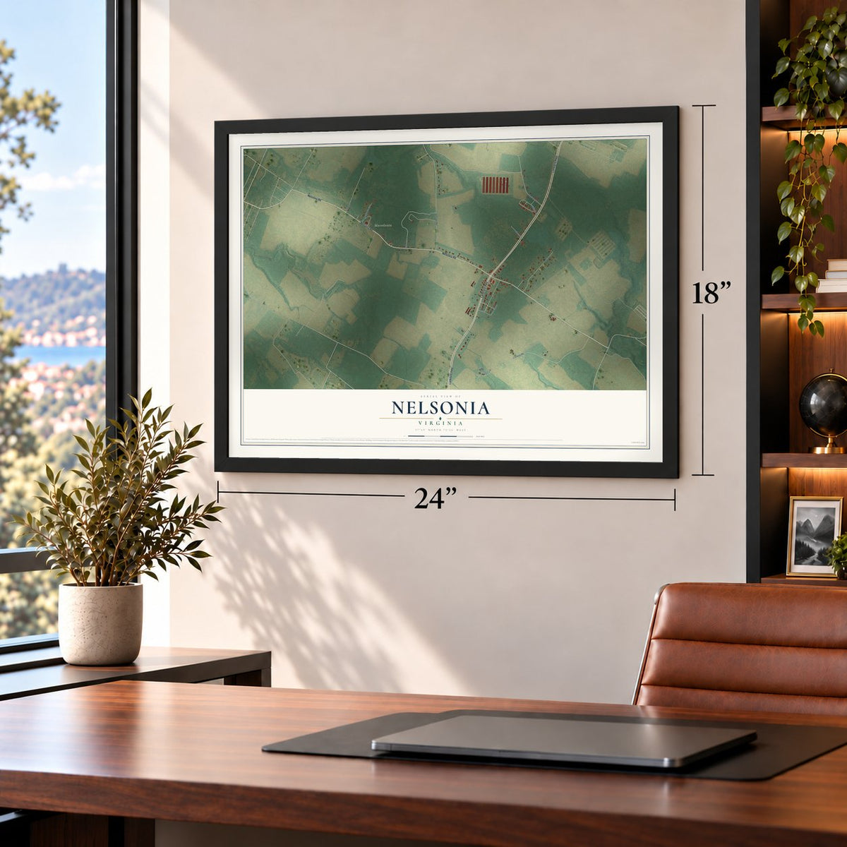 Nelsonia, Virginia map, 18 x 24 inch print in a black frame in a home office