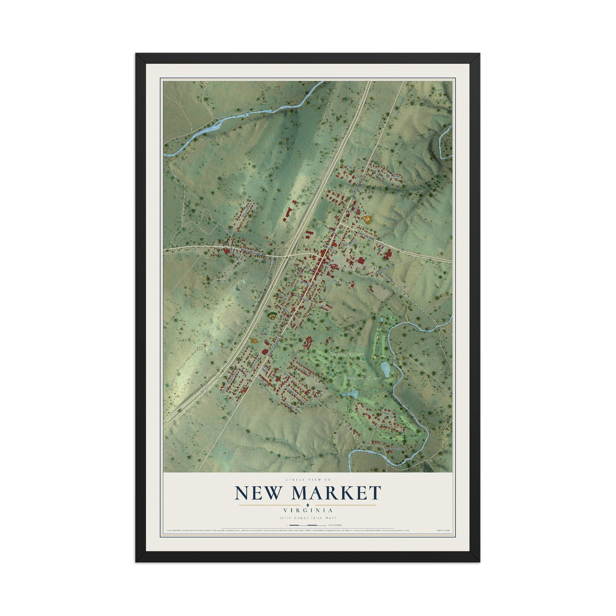Map of New Market, Virginia, 12 x 18 inch print in a black wood frame