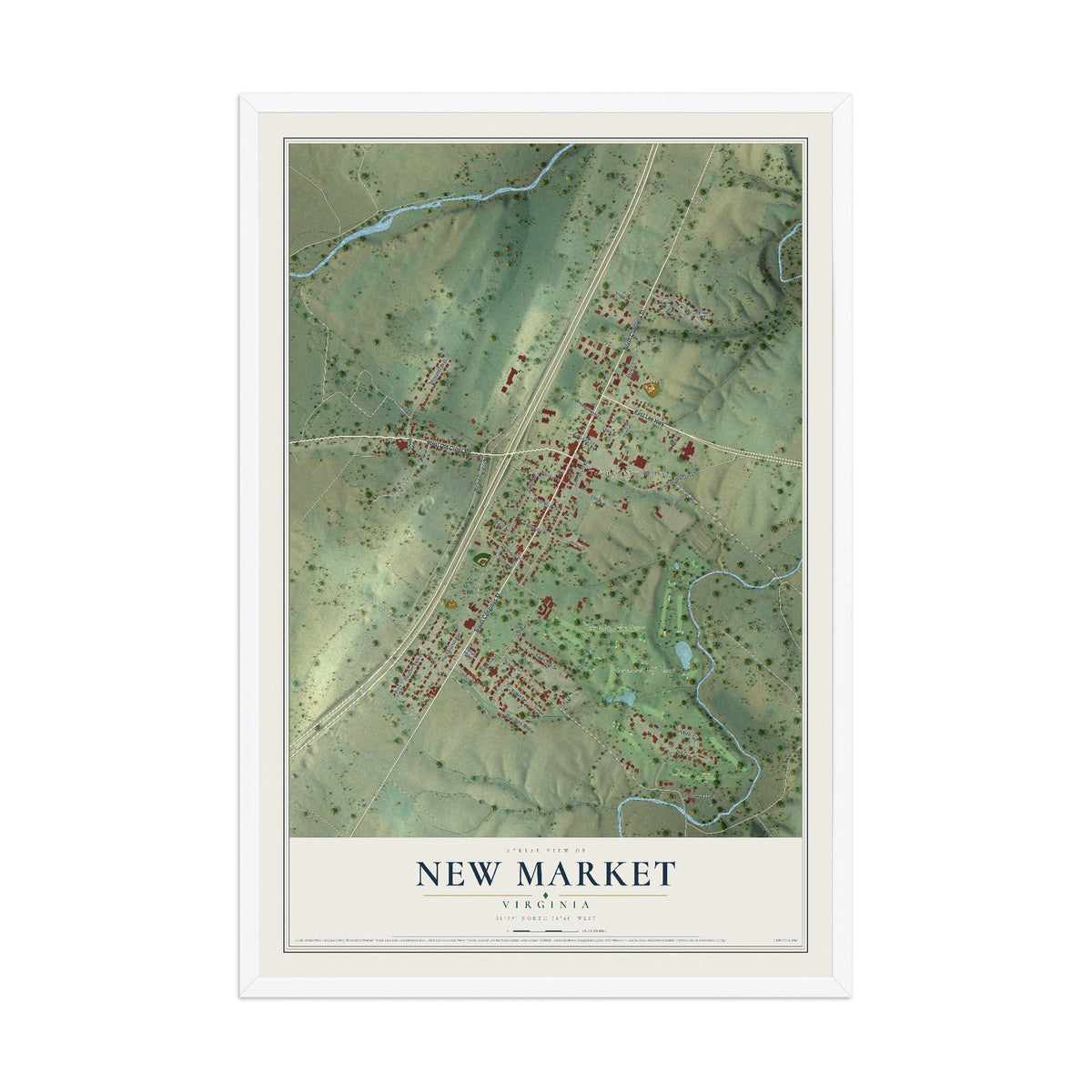 Map of New Market, Virginia, 12 x 18 inch print in a white wood frame