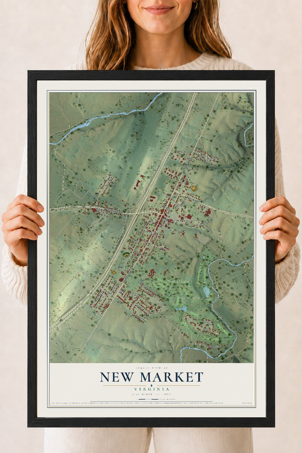 Map of New Market, Virginia, 18 x 24 inch print in a black wood frame