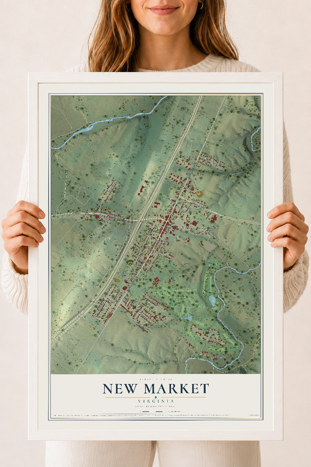 Map of New Market, Virginia, 18 x 24 inch print in a white wood frame