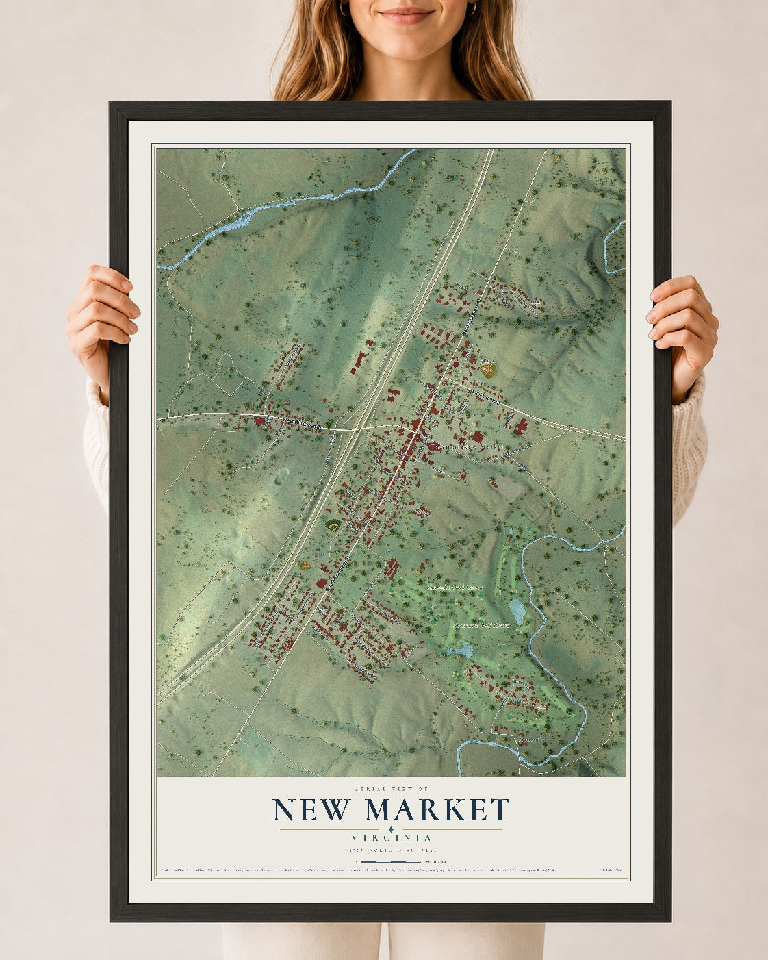 Map of New Market, Virginia, 24 x 36 inch print in a black wood frame