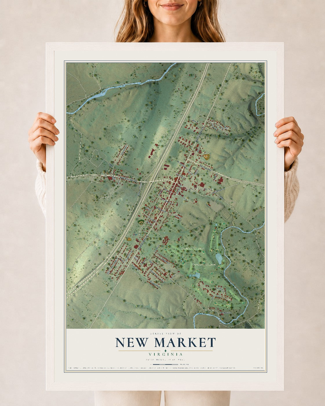 Map of New Market, Virginia, 24 x 36 inch print in a white wood frame