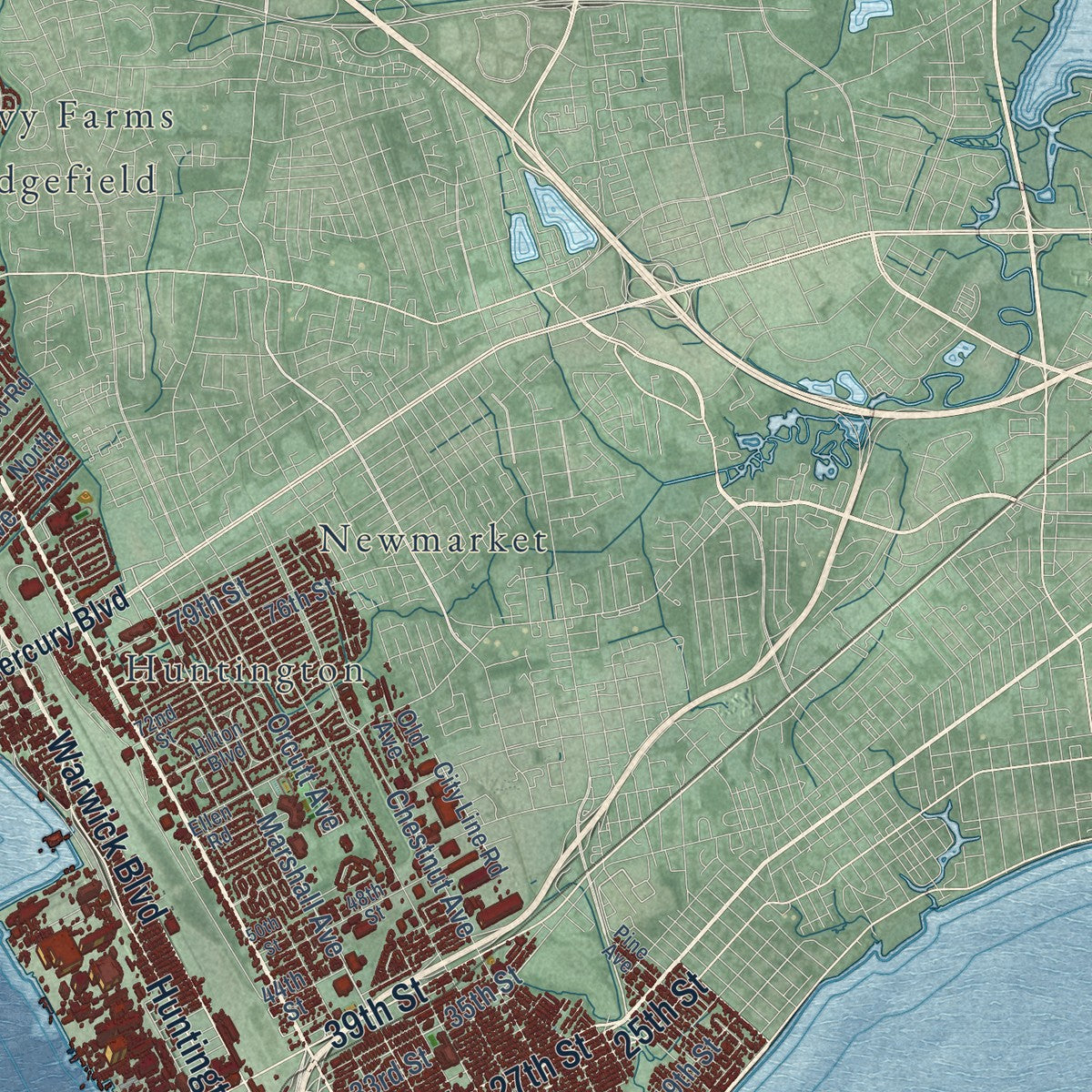 Second close-up of the map of Newport News, Virginia print showing more streets and buildings