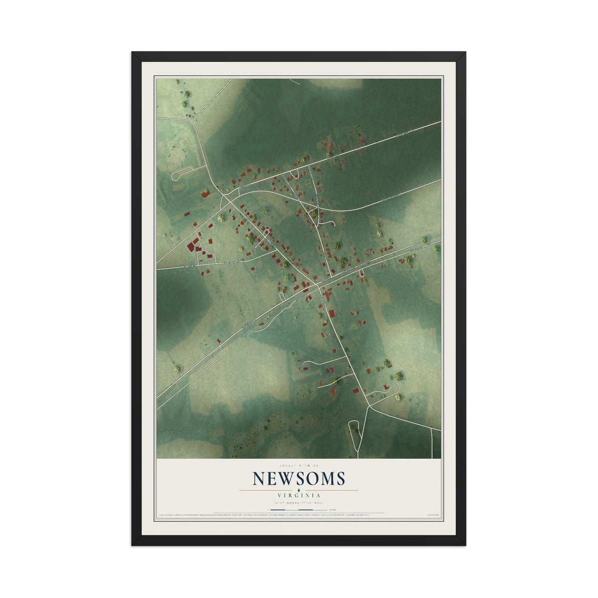 Map of Newsoms, Virginia, 12 x 18 inch print in a black wood frame