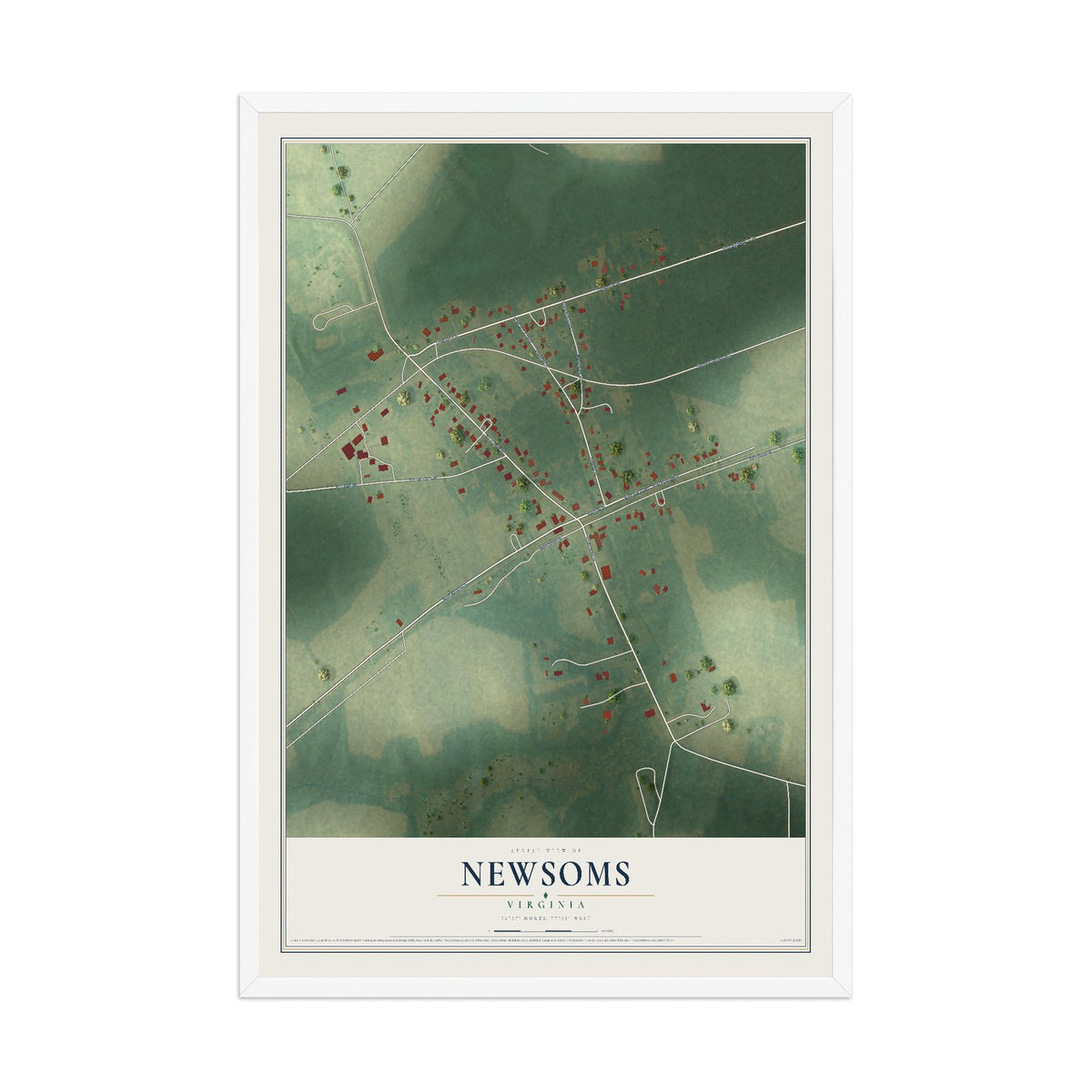 Map of Newsoms, Virginia, 12 x 18 inch print in a white wood frame