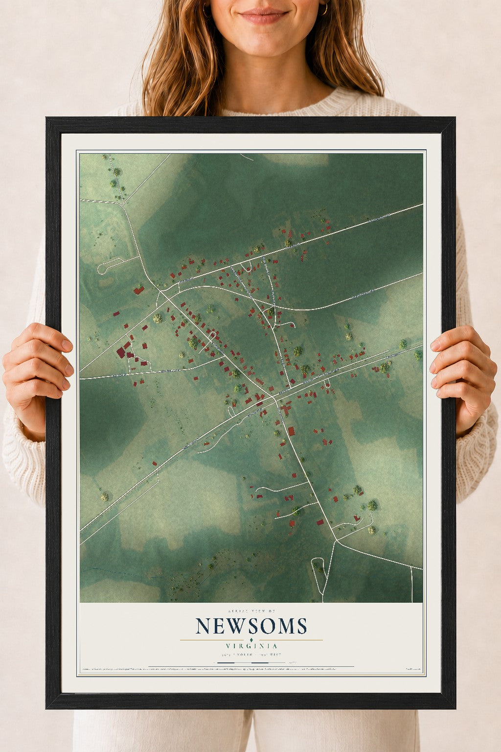 Map of Newsoms, Virginia, 18 x 24 inch print in a black wood frame