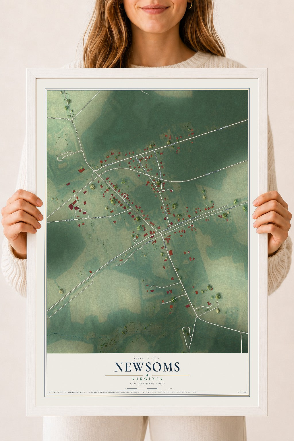 Map of Newsoms, Virginia, 18 x 24 inch print in a white wood frame