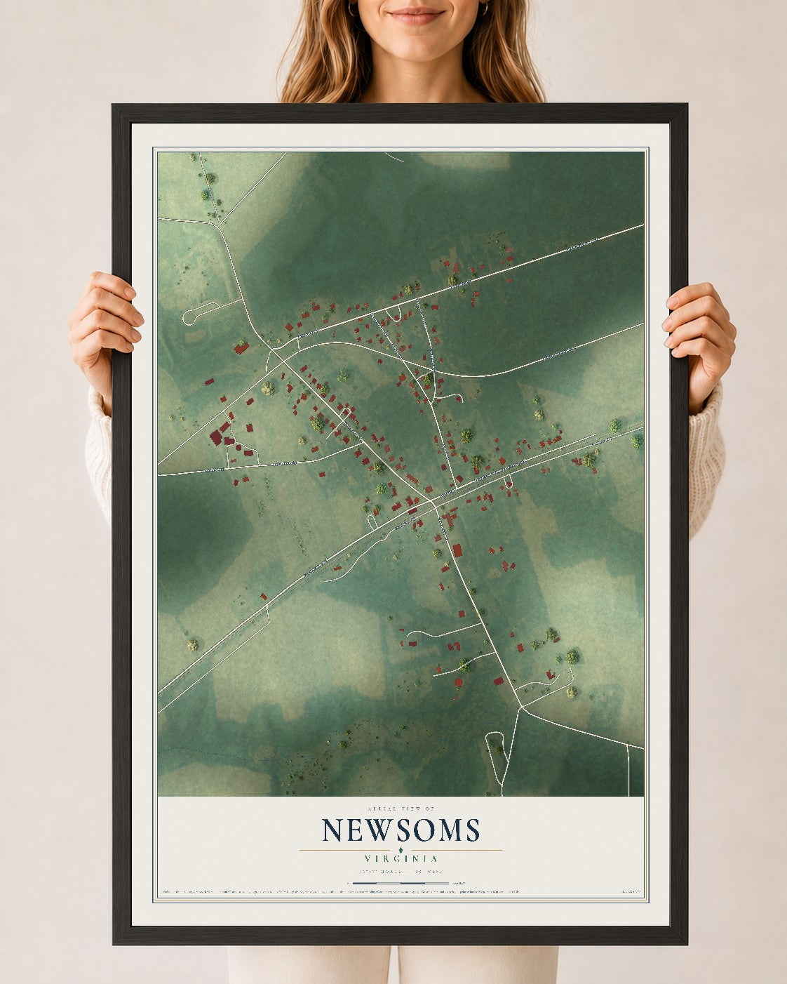 Map of Newsoms, Virginia, 24 x 36 inch print in a black wood frame
