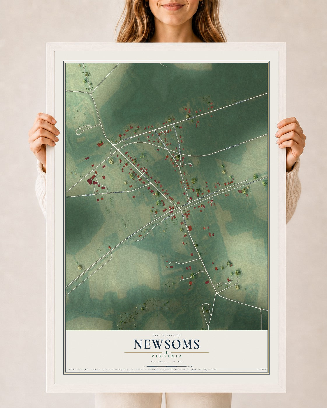 Map of Newsoms, Virginia, 24 x 36 inch print in a white wood frame