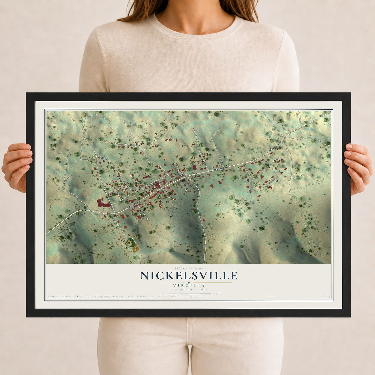 Map of Nickelsville, Virginia, 12 x 18 inch print in a black wood frame