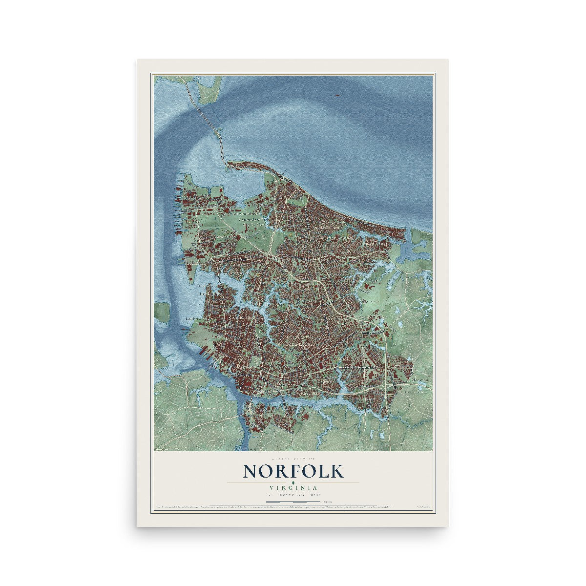 Map of Norfolk, Virginia, 12 x 18 inch unframed archival matte print
