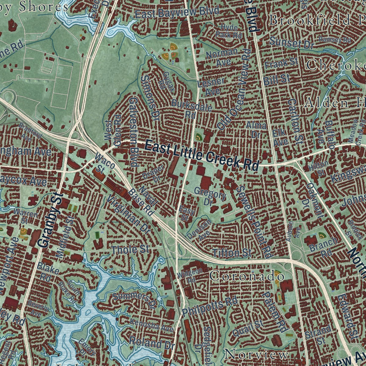 Second close-up of the map of Norfolk, Virginia print showing more streets and buildings