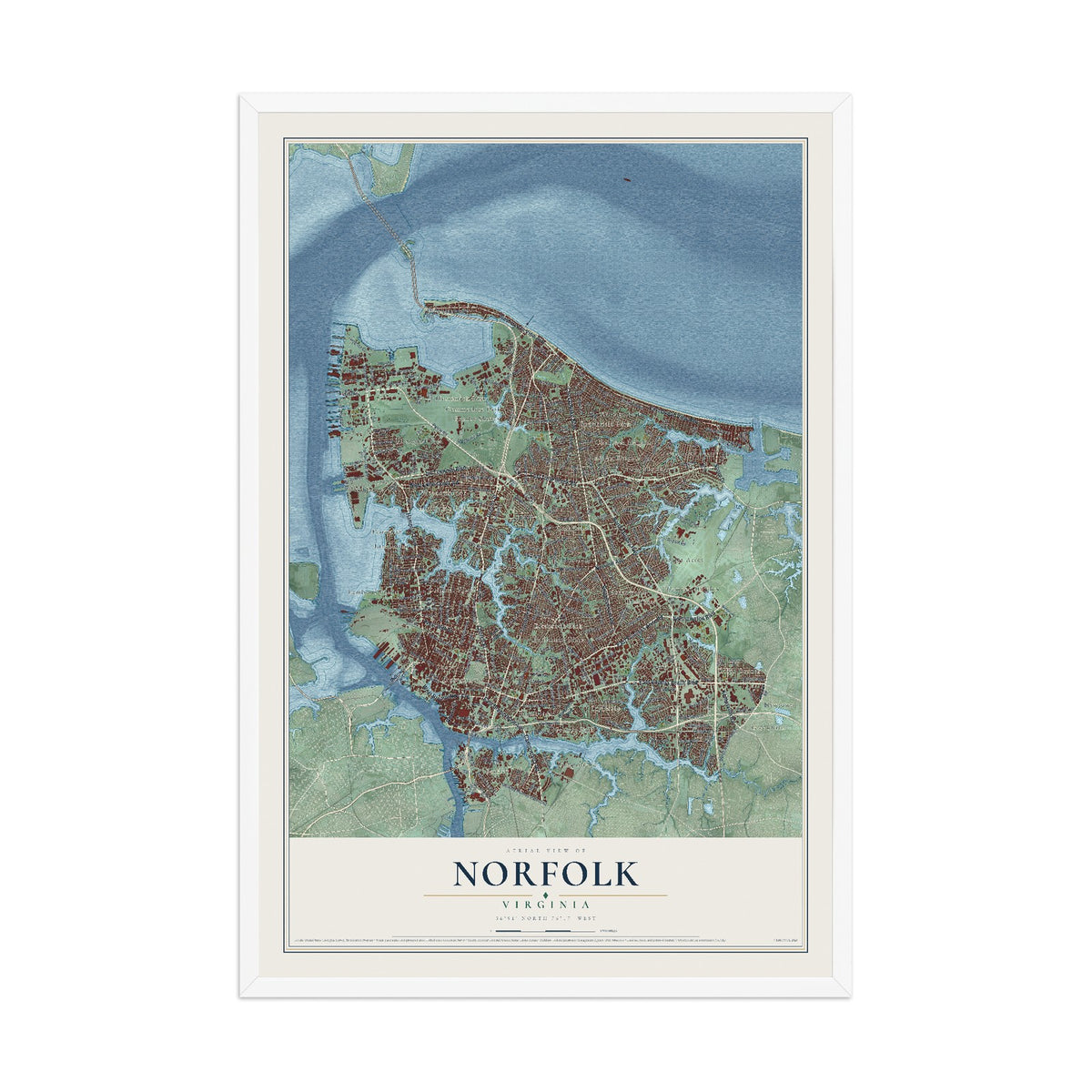 Map of Norfolk, Virginia, 12 x 18 inch print in a white wood frame