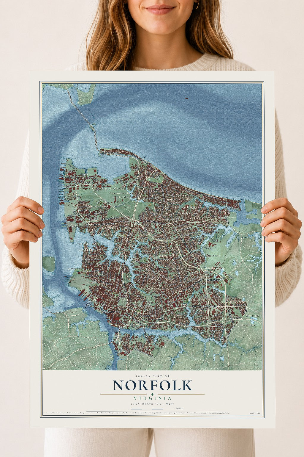 Map of Norfolk, Virginia, 18 x 24 inch unframed archival matte print
