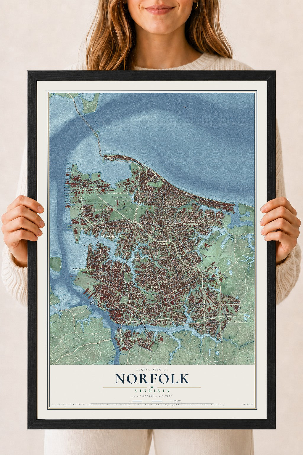 Map of Norfolk, Virginia, 18 x 24 inch print in a black wood frame