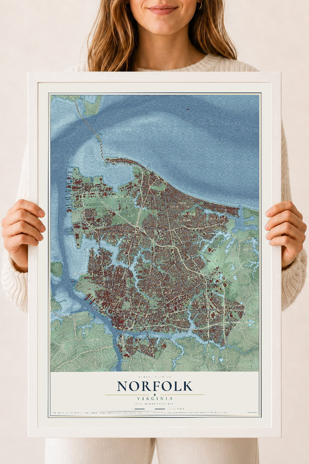 Map of Norfolk, Virginia, 18 x 24 inch print in a white wood frame