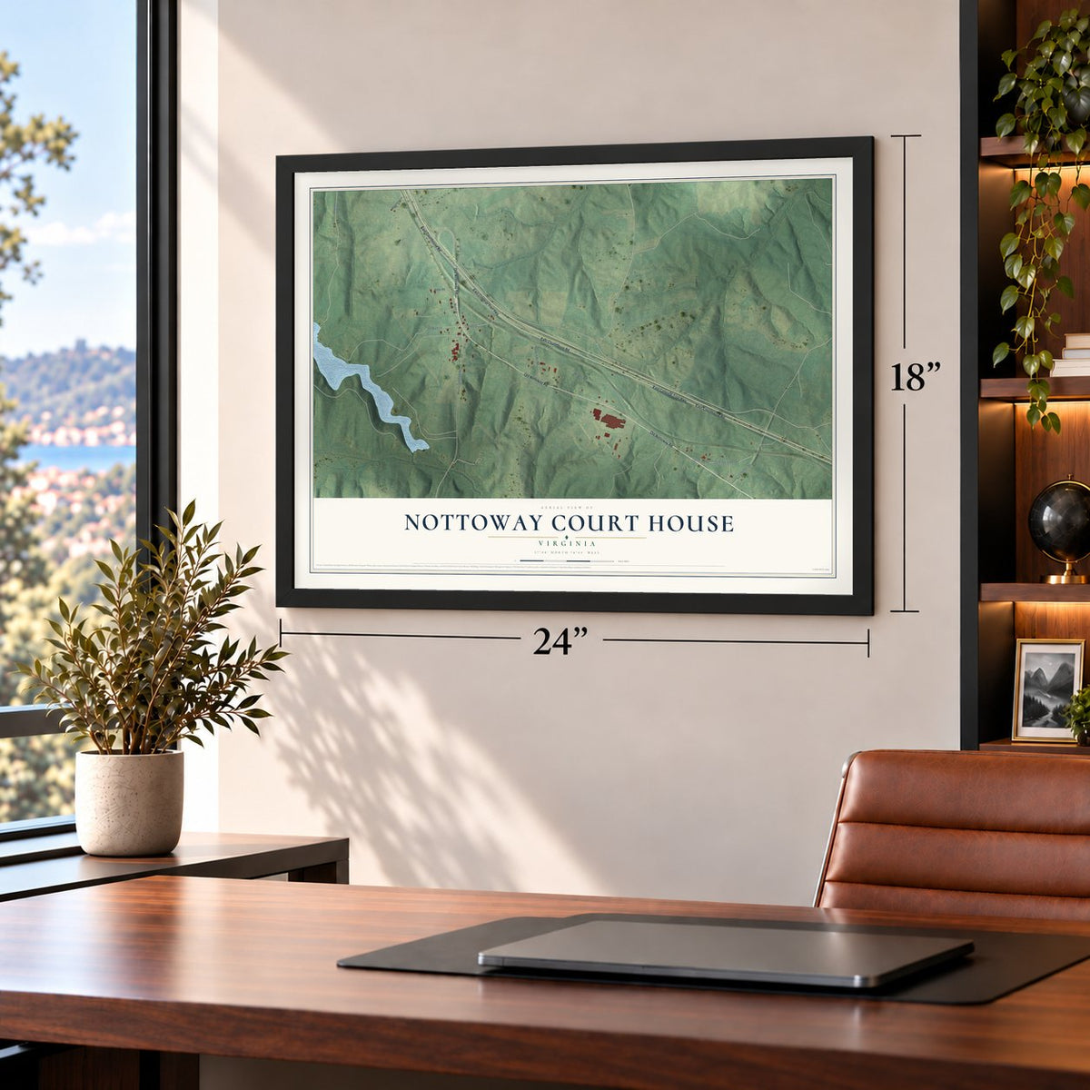 Nottoway Court House, Virginia map, 18 x 24 inch print in a black frame in a home office