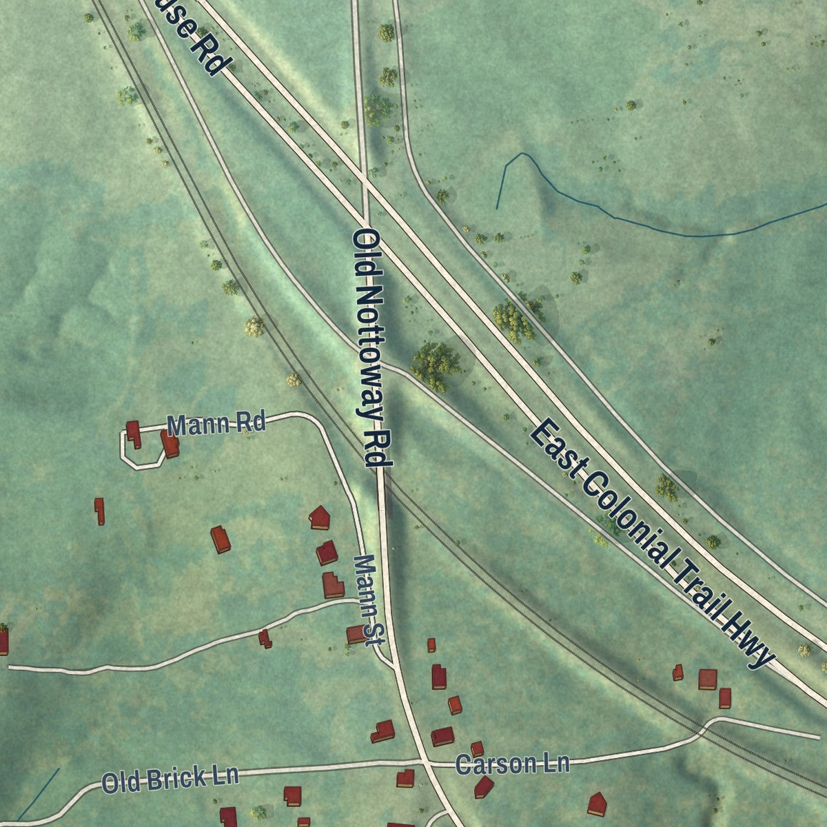 Close-up of the map of Nottoway Court House, Virginia print showing street and building detail