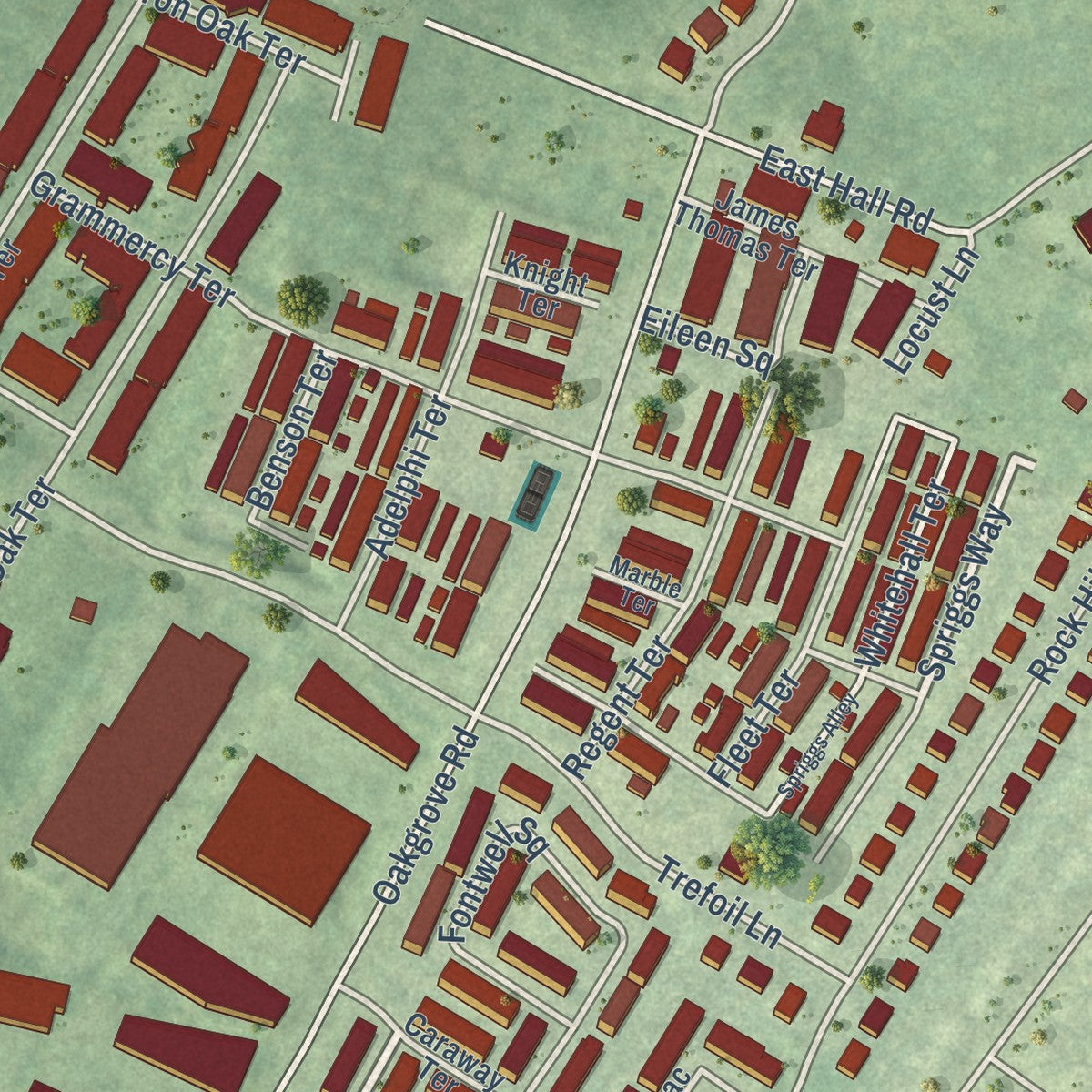 Close-up of the map of Oak Grove, Virginia print showing street and building detail