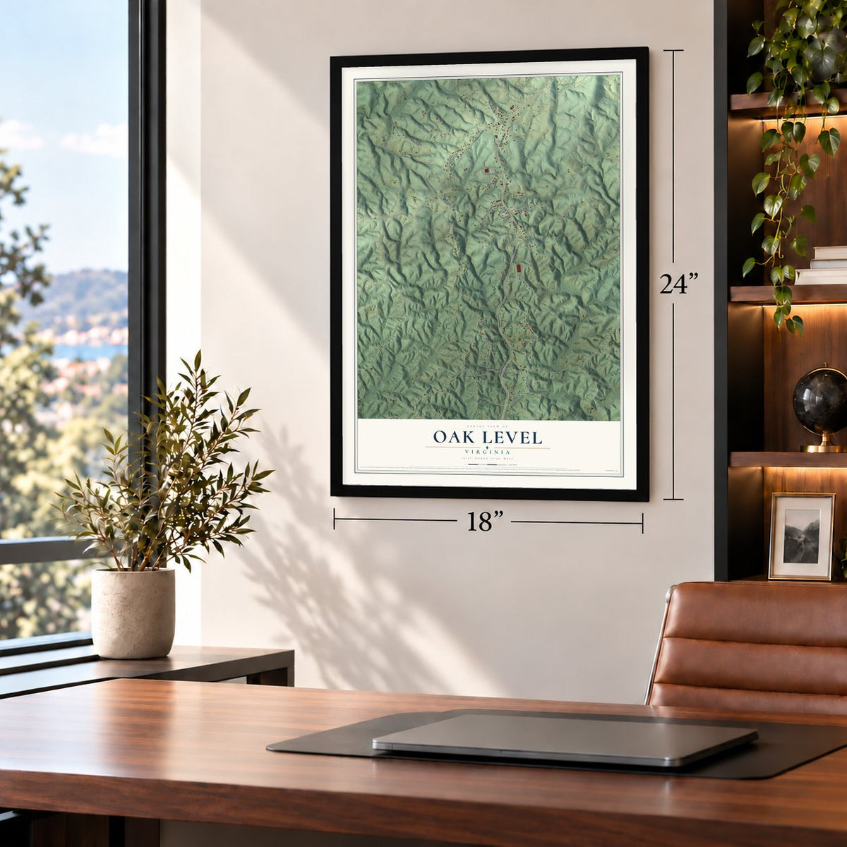 Oak Level, Virginia map, 18 x 24 inch print in a black frame in a home office