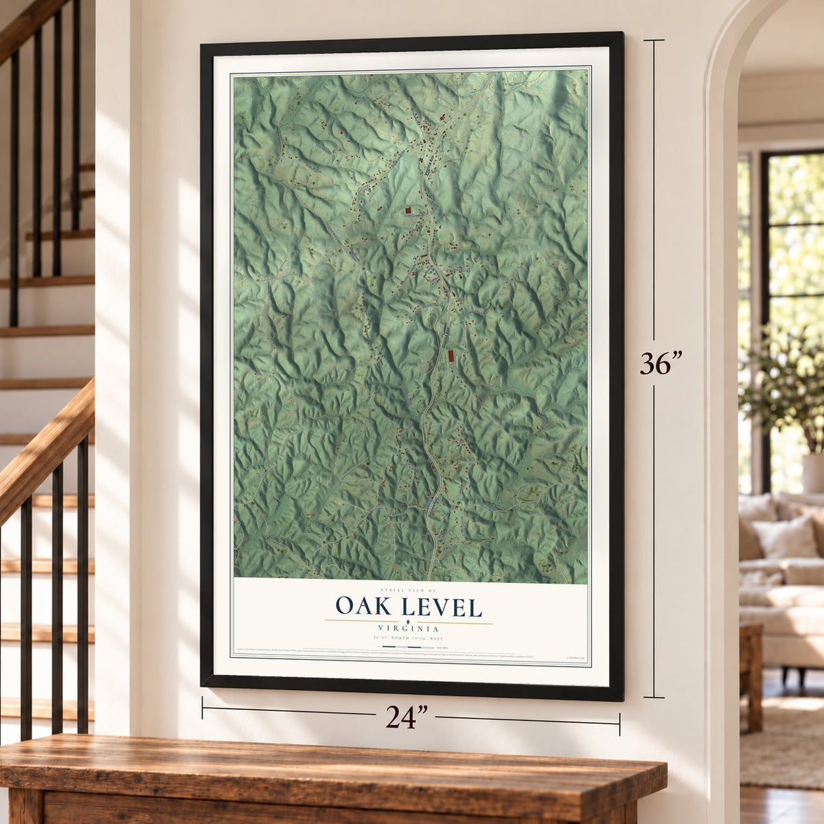 Oak Level, Virginia map, 24 x 36 inch print in a black frame by a staircase