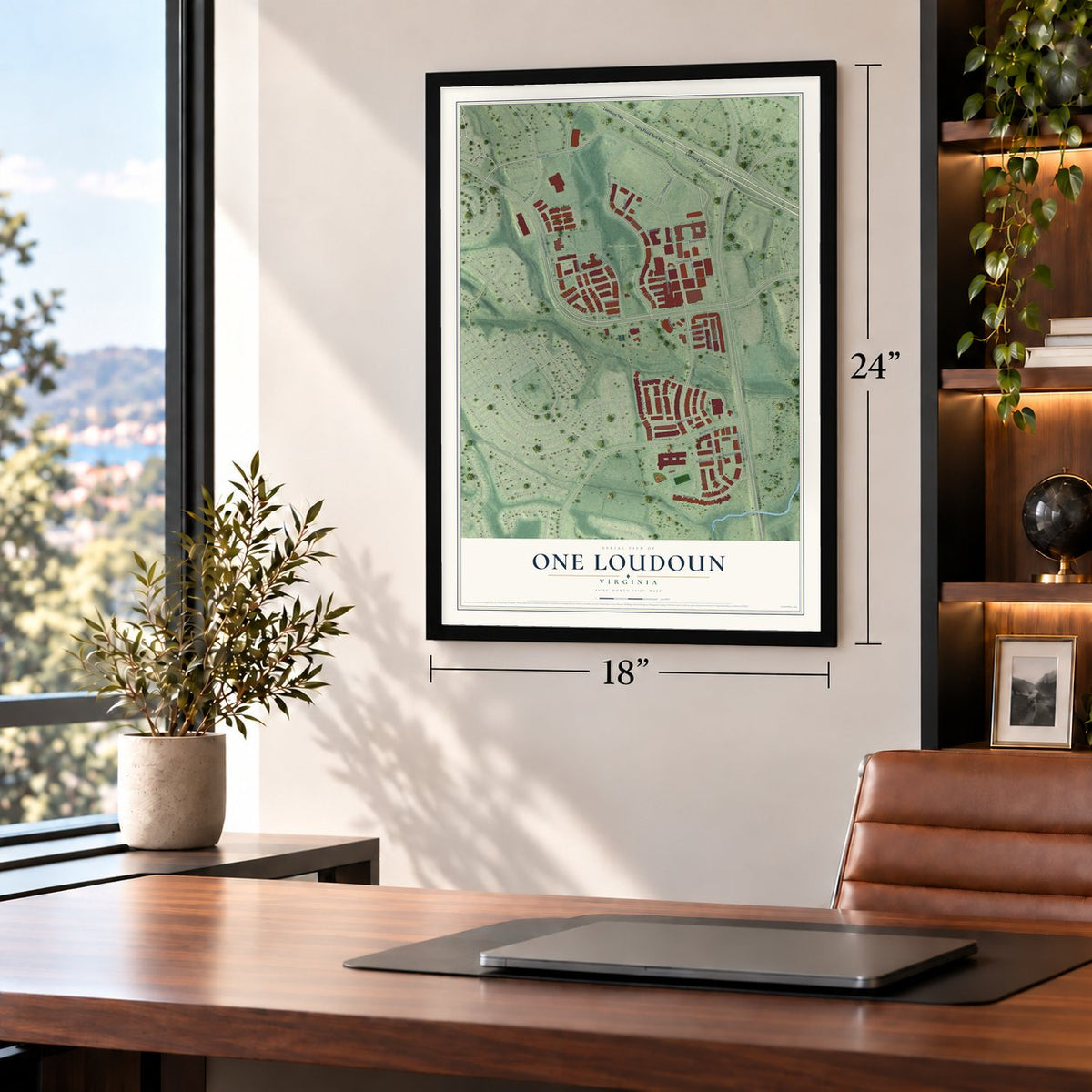 One Loudoun, Virginia map, 18 x 24 inch print in a black frame in a home office