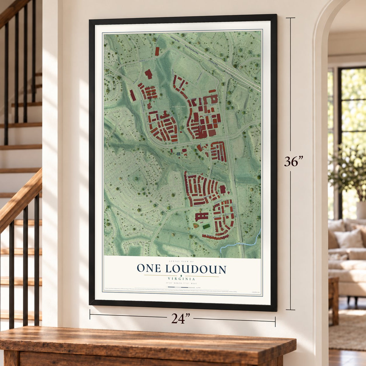 One Loudoun, Virginia map, 24 x 36 inch print in a black frame by a staircase