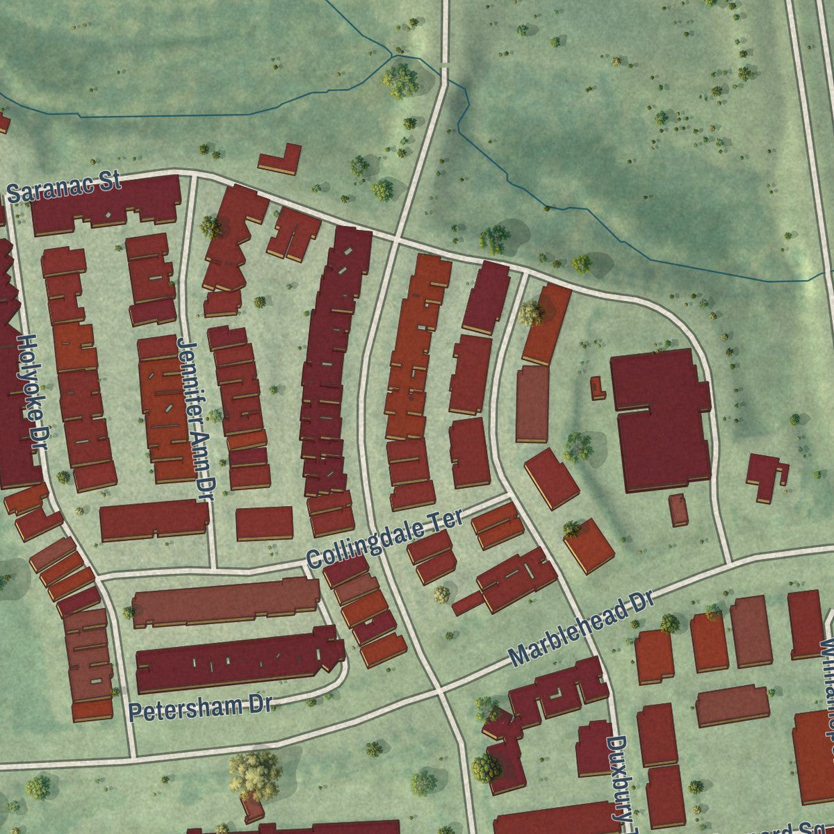Close-up of the map of One Loudoun, Virginia print showing street and building detail
