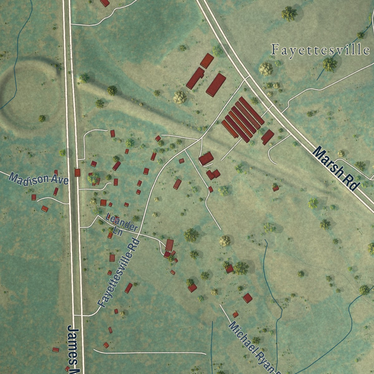 Close-up of the map of Opal, Virginia print showing street and building detail