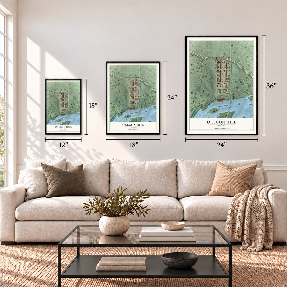 Oregon Hill, Virginia map in 12 x 18, 18 x 24 and 24 x 36 inch sizes above a sofa