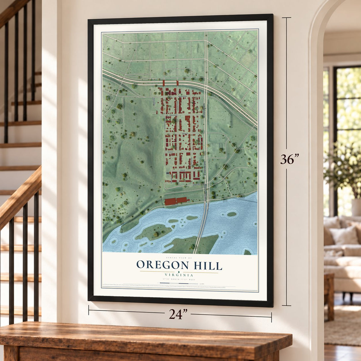 Oregon Hill, Virginia map, 24 x 36 inch print in a black frame by a staircase