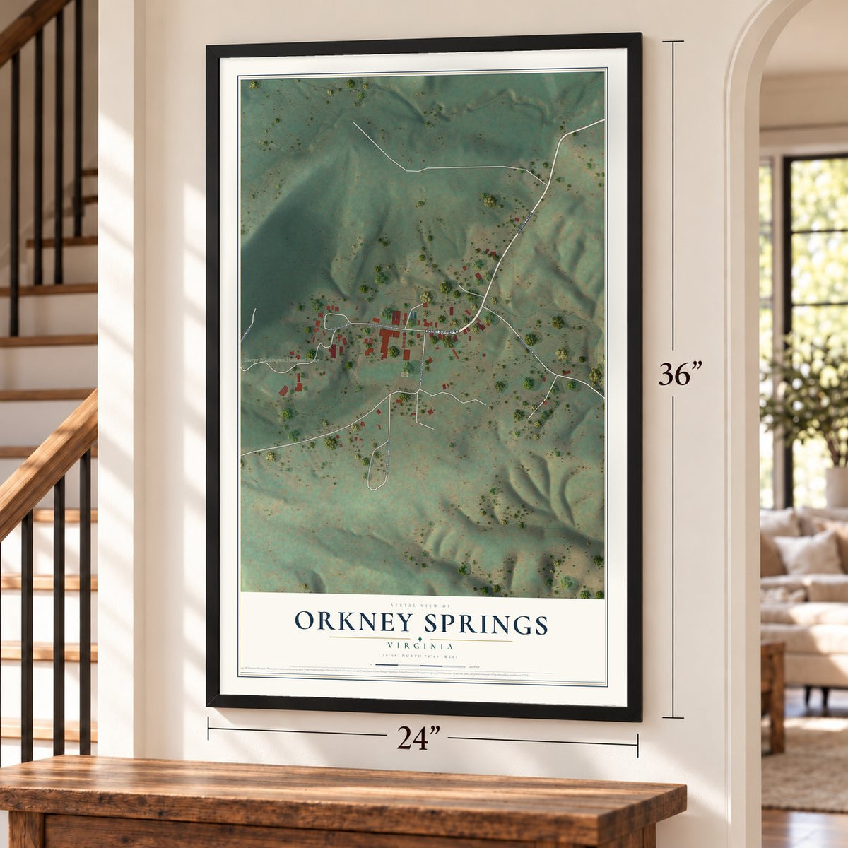 Orkney Springs, Virginia map, 24 x 36 inch print in a black frame by a staircase