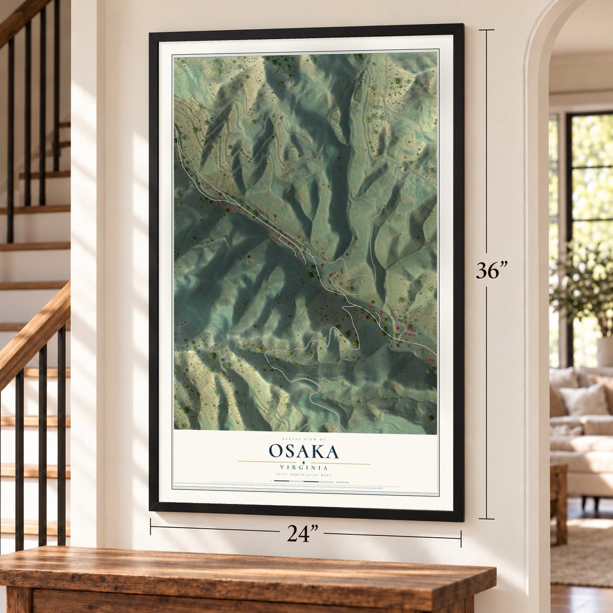 Osaka, Virginia map, 24 x 36 inch print in a black frame by a staircase
