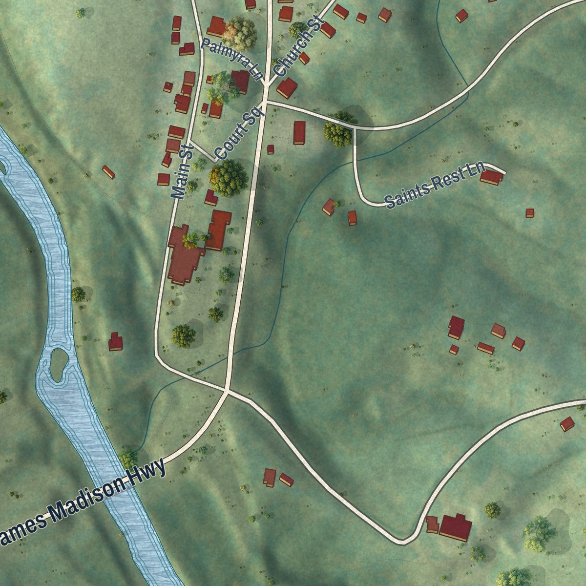 Close-up of the map of Palmyra, Virginia print showing street and building detail