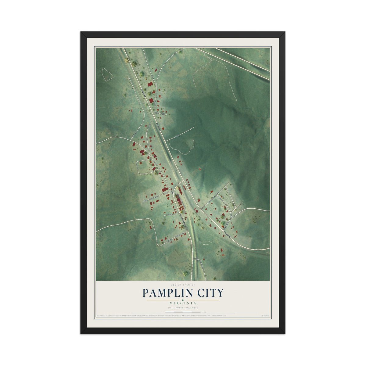 Map of Pamplin City, Virginia, 12 x 18 inch print in a black wood frame