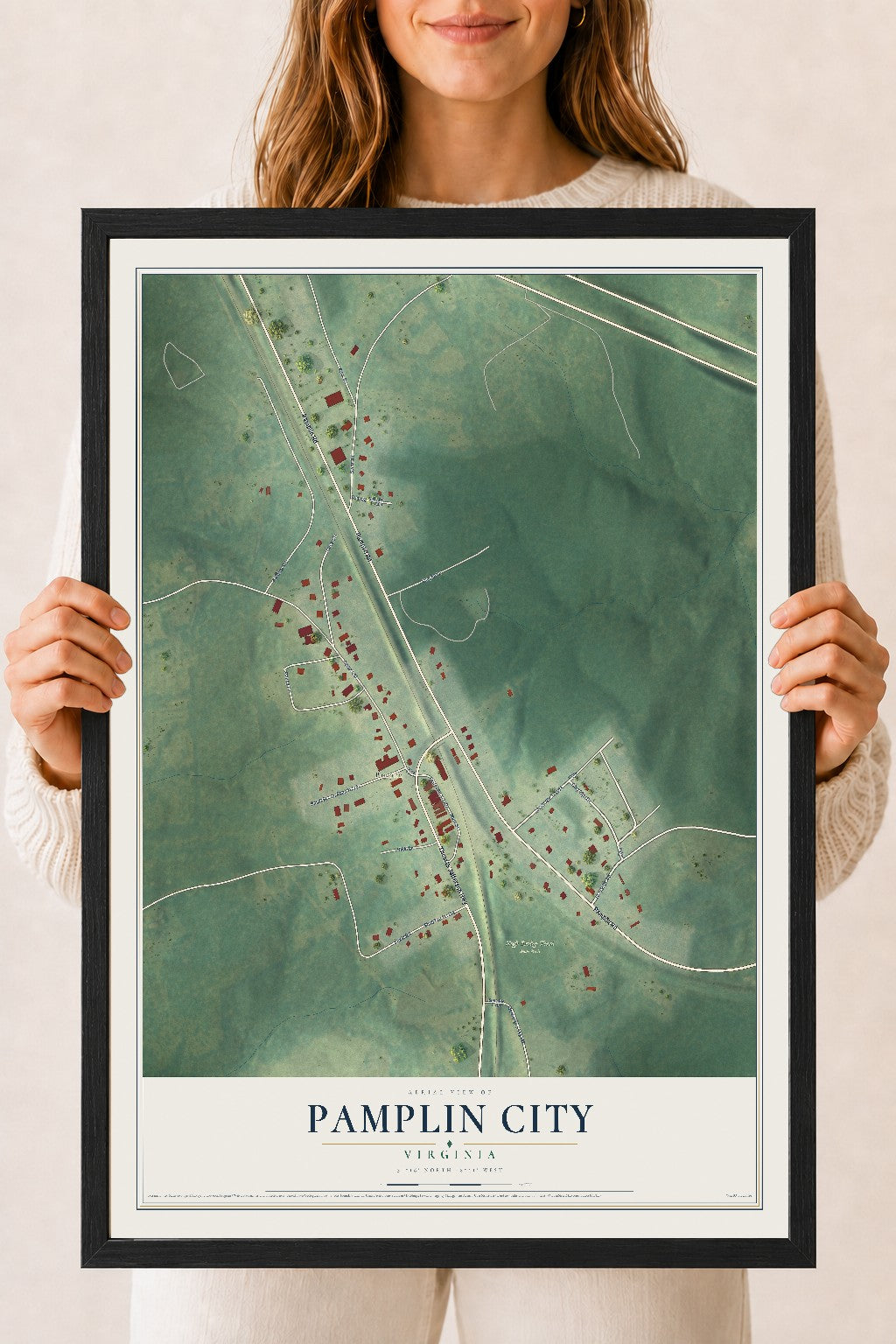 Map of Pamplin City, Virginia, 18 x 24 inch print in a black wood frame