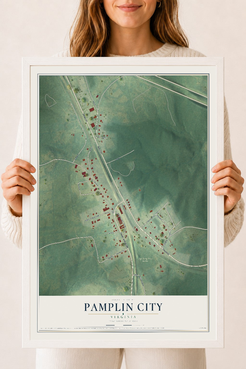 Map of Pamplin City, Virginia, 18 x 24 inch print in a white wood frame