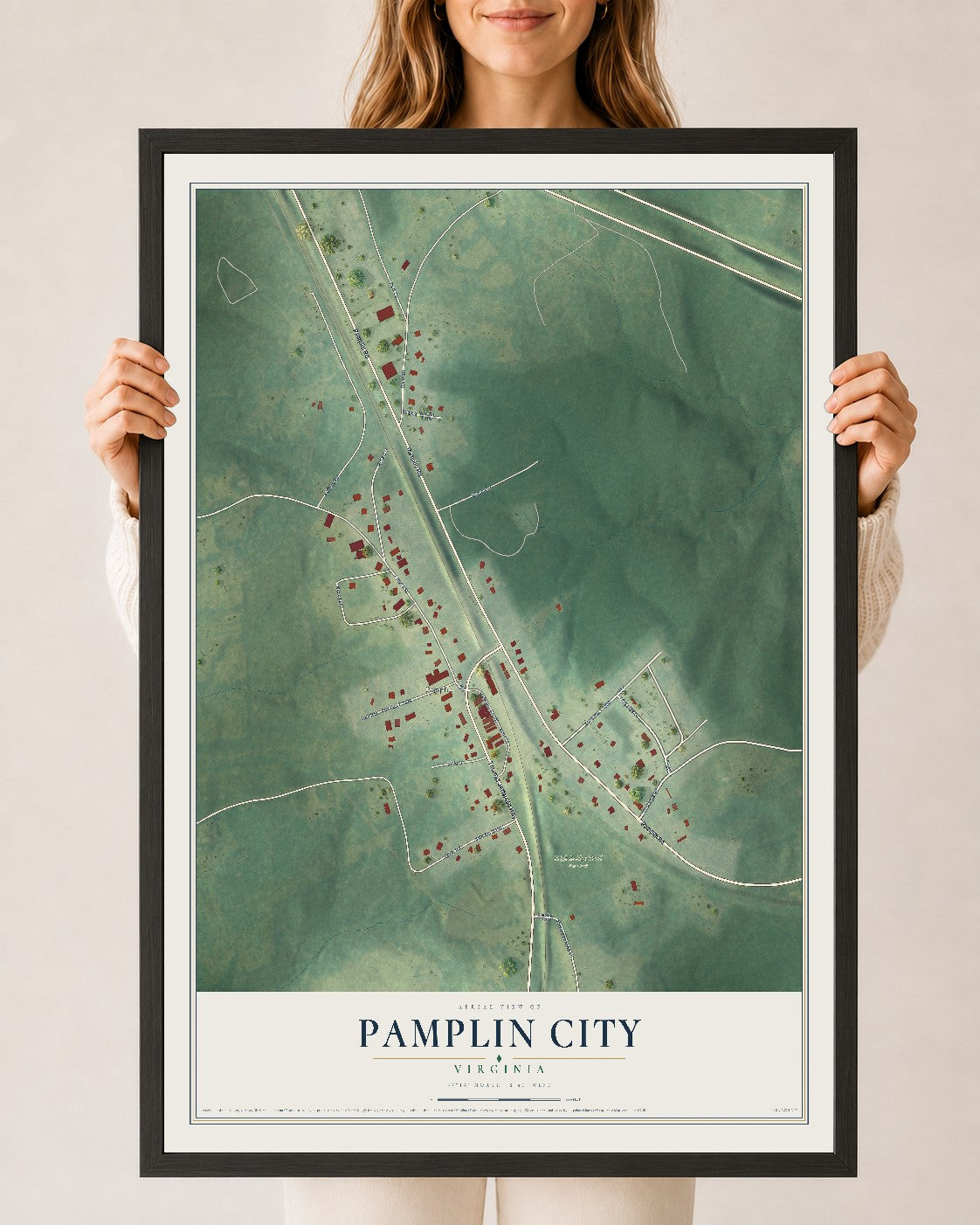 Map of Pamplin City, Virginia, 24 x 36 inch print in a black wood frame