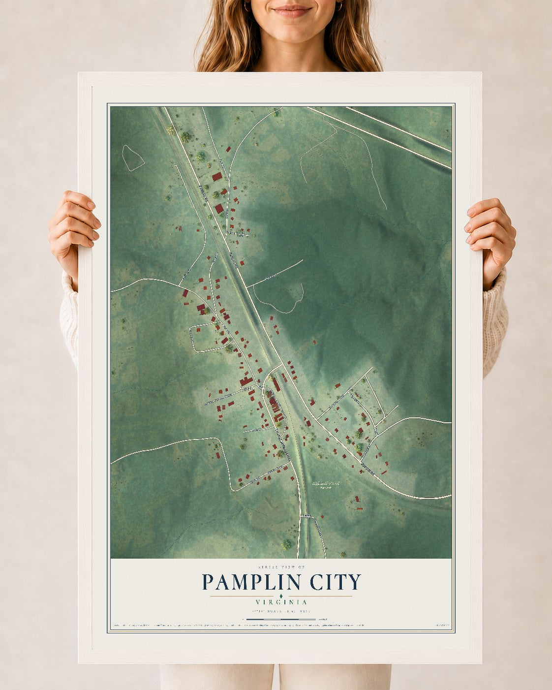 Map of Pamplin City, Virginia, 24 x 36 inch print in a white wood frame