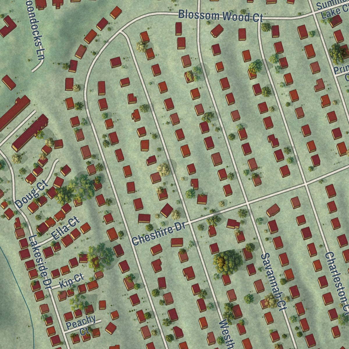 Close-up of the map of Park Ridge, Virginia print showing street and building detail