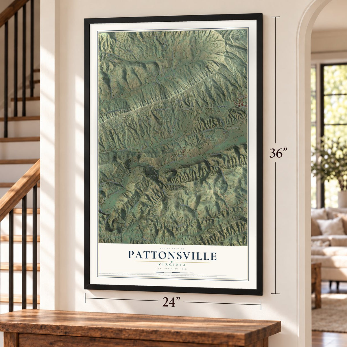 Pattonsville, Virginia map, 24 x 36 inch print in a black frame by a staircase