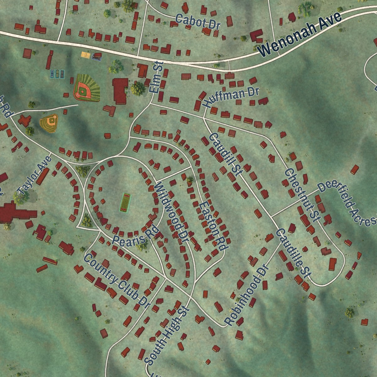 Second close-up of the map of Pearisburg, Virginia print showing more streets and buildings