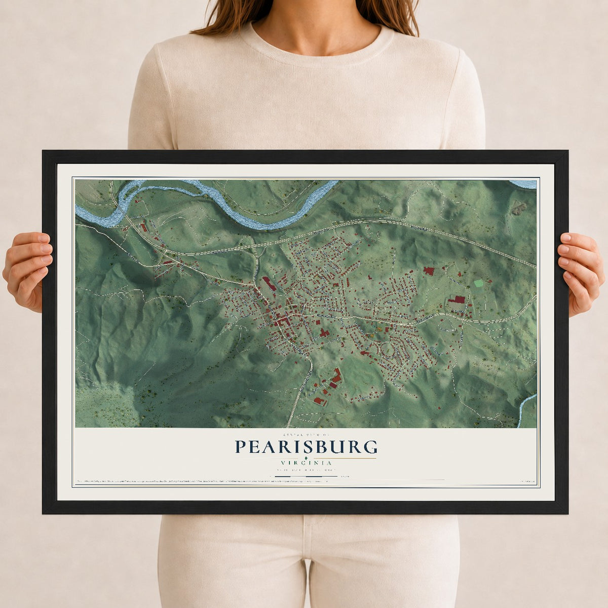Map of Pearisburg, Virginia, 12 x 18 inch print in a black wood frame