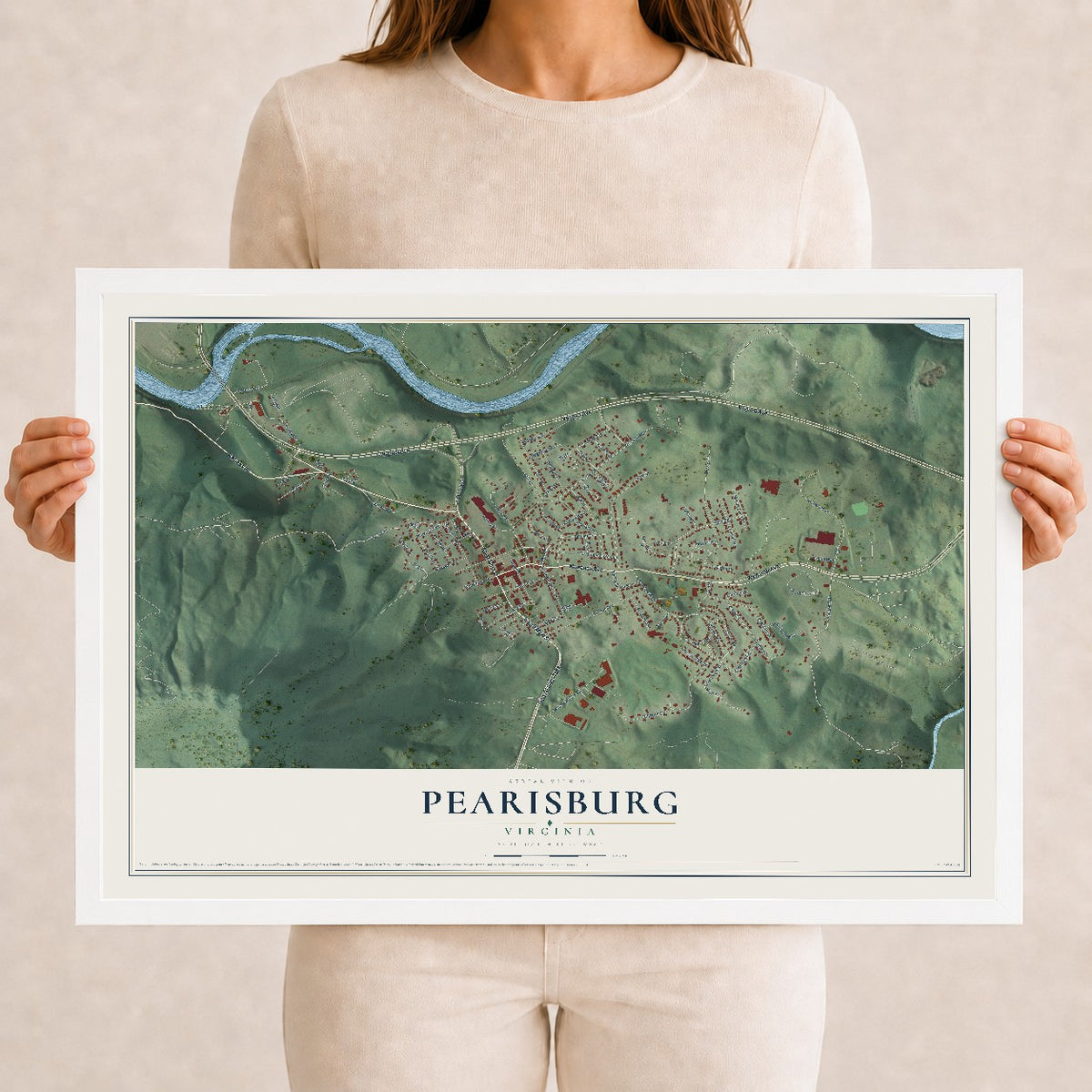 Map of Pearisburg, Virginia, 12 x 18 inch print in a white wood frame