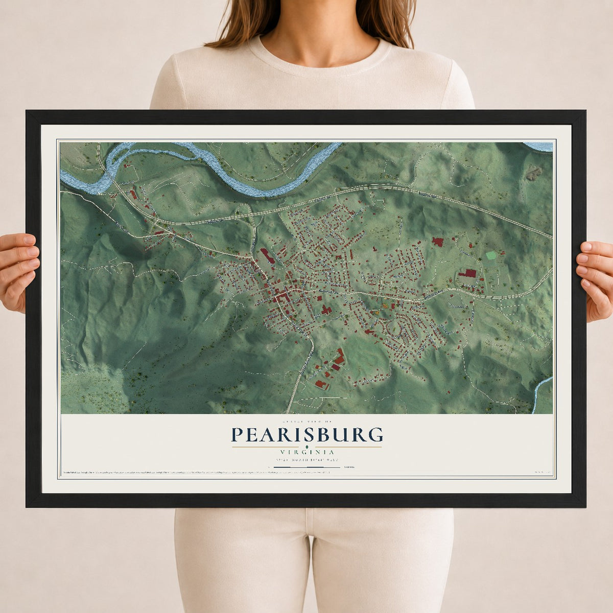 Map of Pearisburg, Virginia, 18 x 24 inch print in a black wood frame