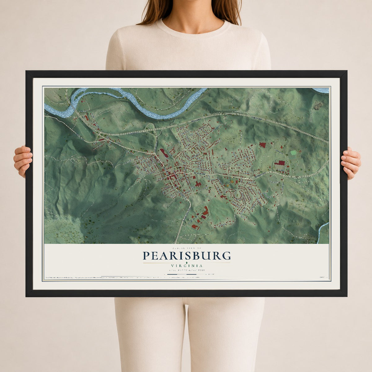 Map of Pearisburg, Virginia, 24 x 36 inch print in a black wood frame