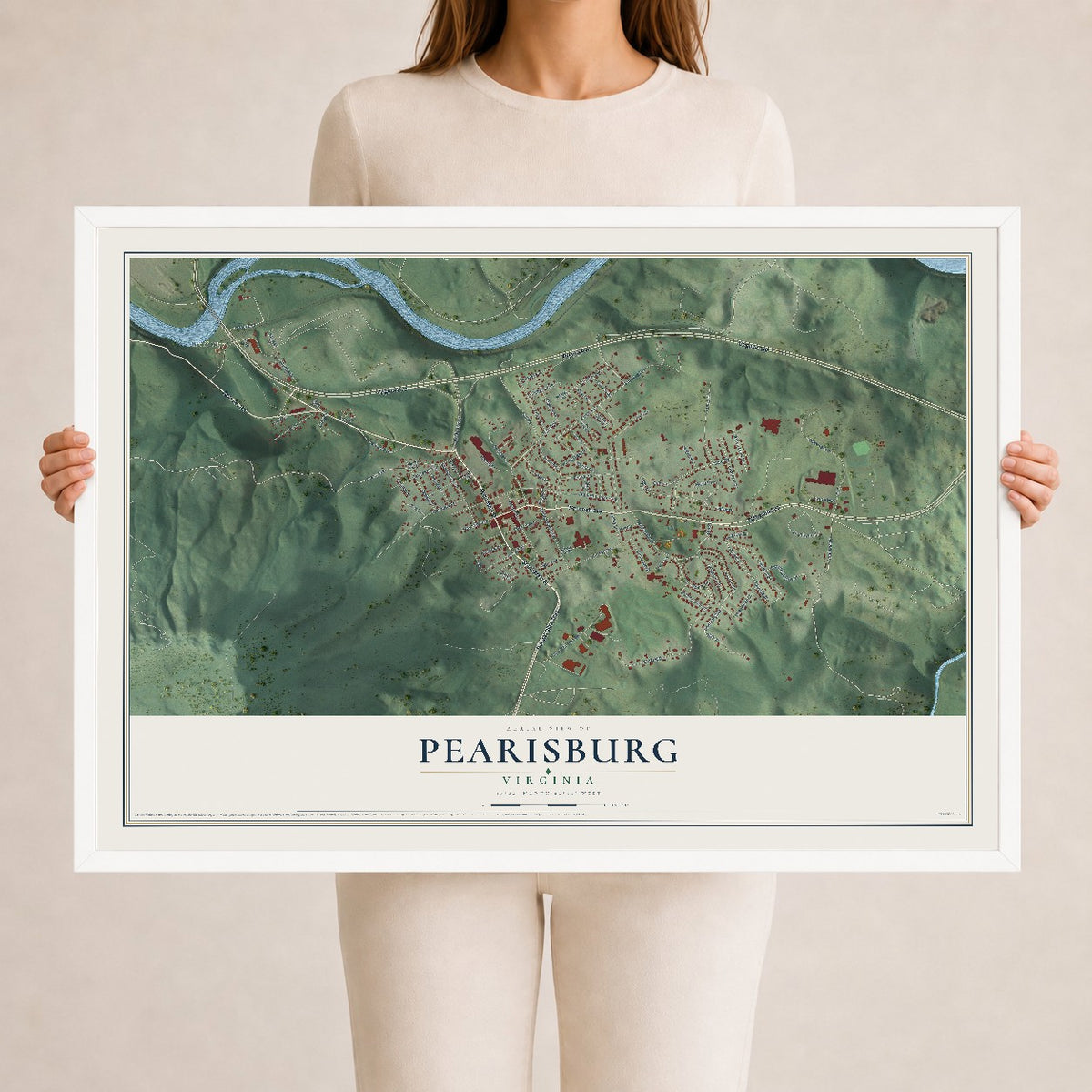 Map of Pearisburg, Virginia, 24 x 36 inch print in a white wood frame